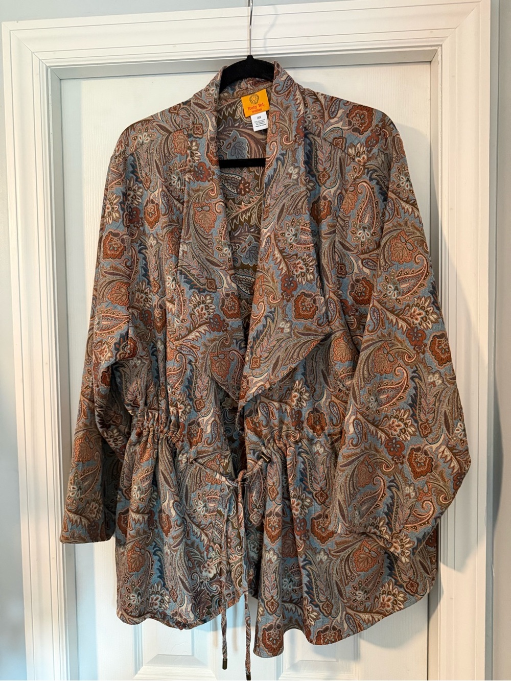 Ruby Rd. Paisley Shawl Collar Drawstring Jacket in Blue and Brown